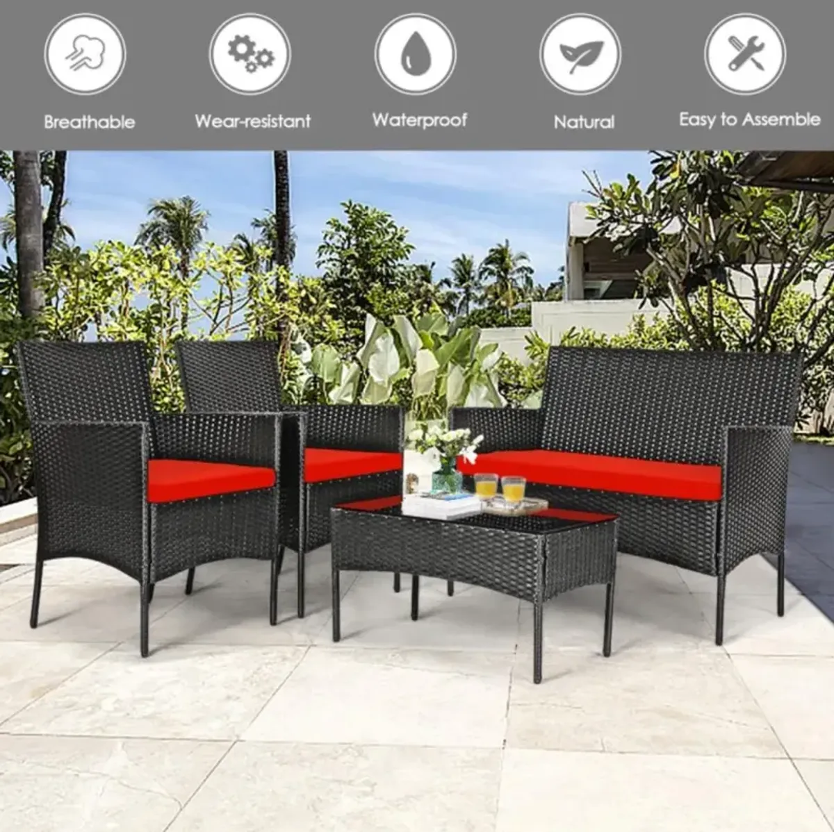 Hivvago 4 Pieces Patio Rattan Cushioned Sofa Set with Tempered Glass Coffee Table