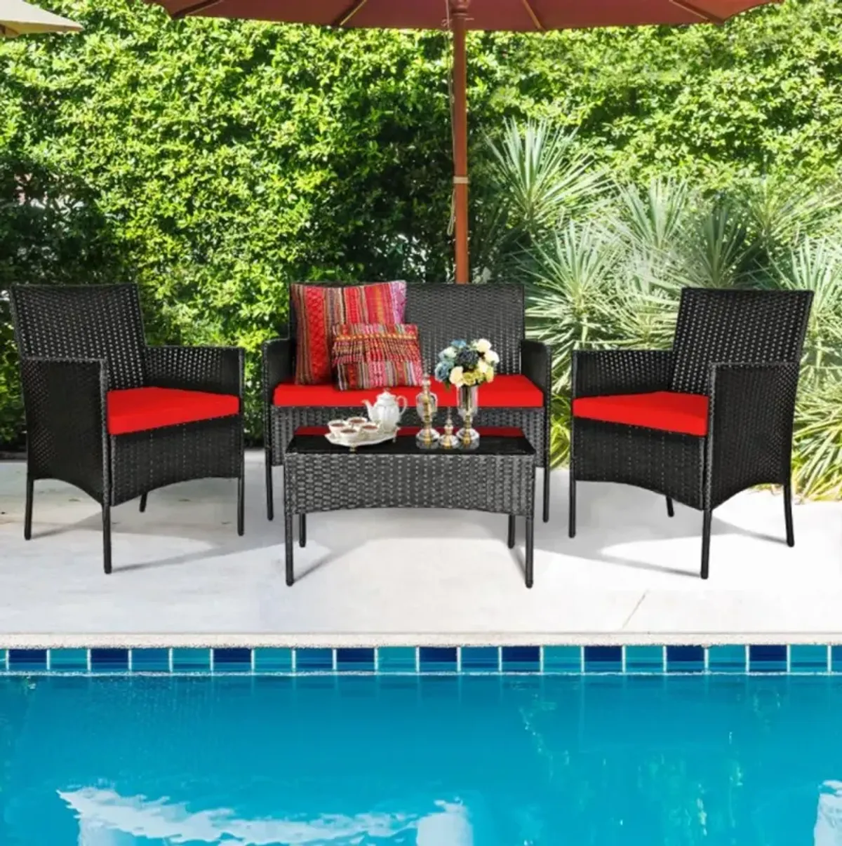 Hivvago 4 Pieces Patio Rattan Cushioned Sofa Set with Tempered Glass Coffee Table