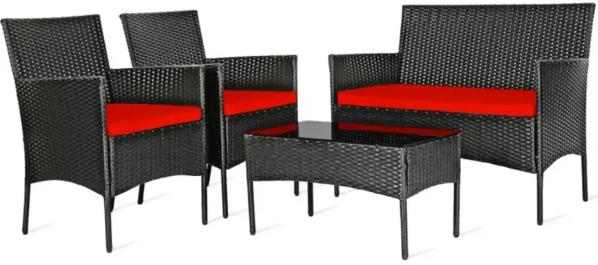 Hivvago 4 Pieces Patio Rattan Cushioned Sofa Set with Tempered Glass Coffee Table