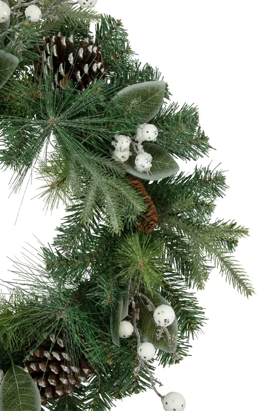 Frosted White Berry and Mixed Pine Artificial Christmas Wreath  24-Inch  Unlit