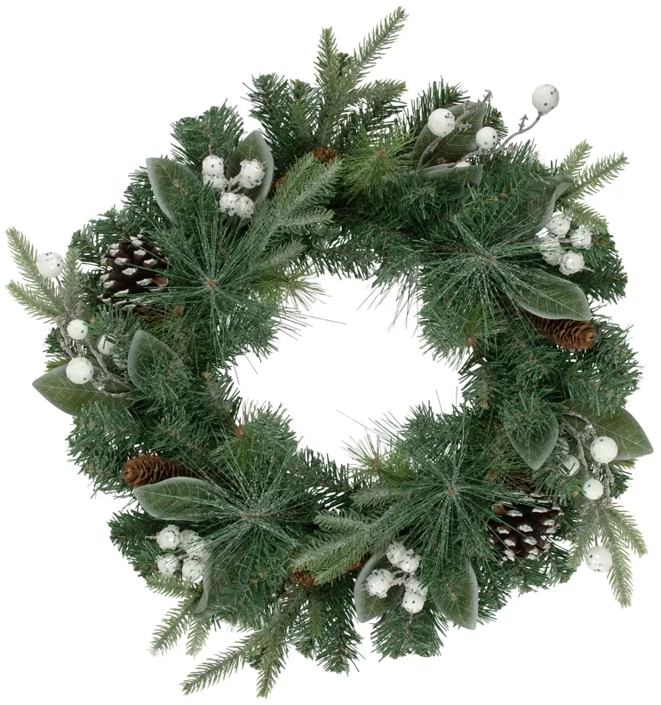 Frosted White Berry and Mixed Pine Artificial Christmas Wreath  24-Inch  Unlit