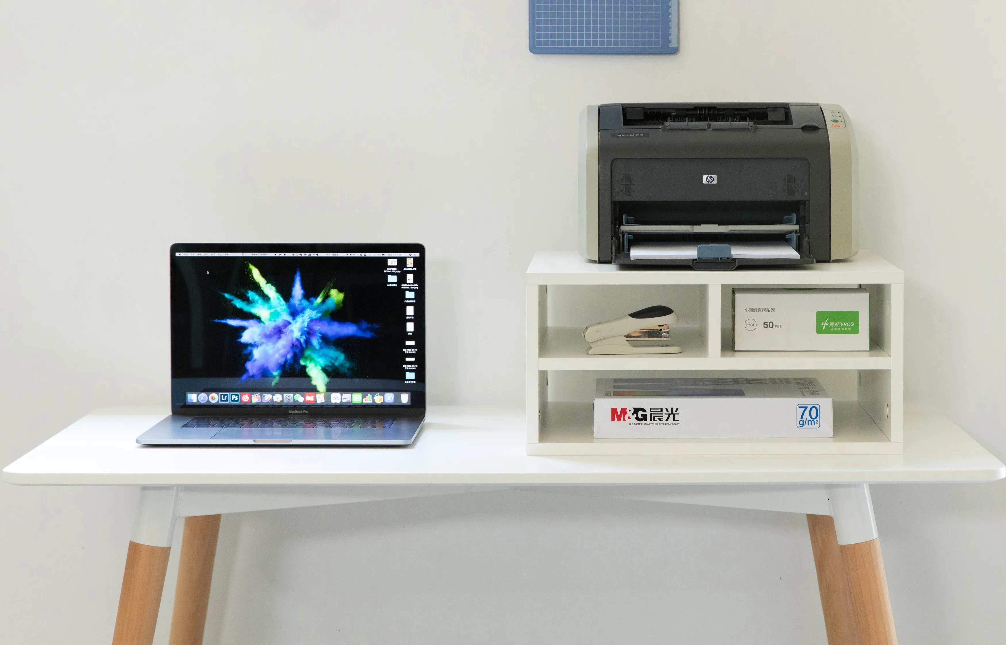 Printer Stand Shelf Wood Office Desktop Compartment Organizer, White