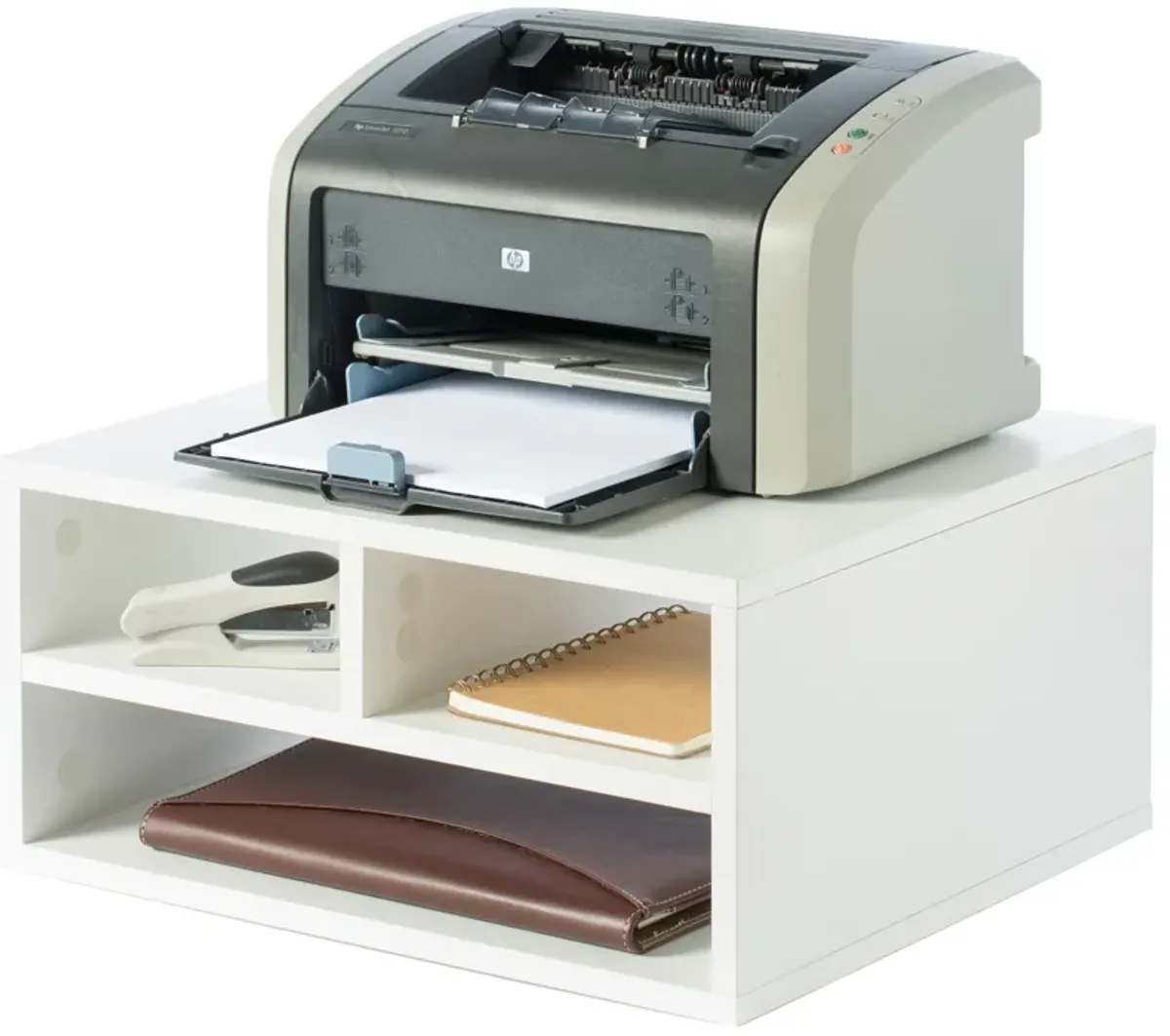 Printer Stand Shelf Wood Office Desktop Compartment Organizer, White