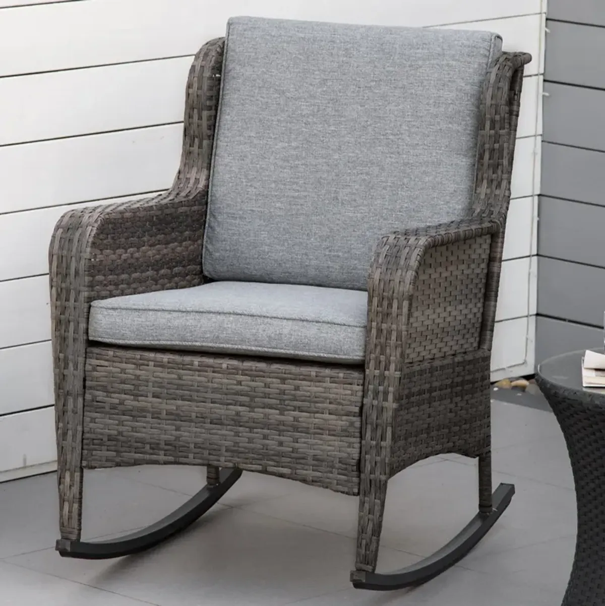 Mixed Grey Patio Rocker: Wicker Swing Chair with Soft Cushions