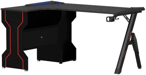 55.1 in. W Black L-Shaped Wood Computer Gaming Desk Office Desk, with RGB LED Light, Drawer, Open Shelf, Cup Holder