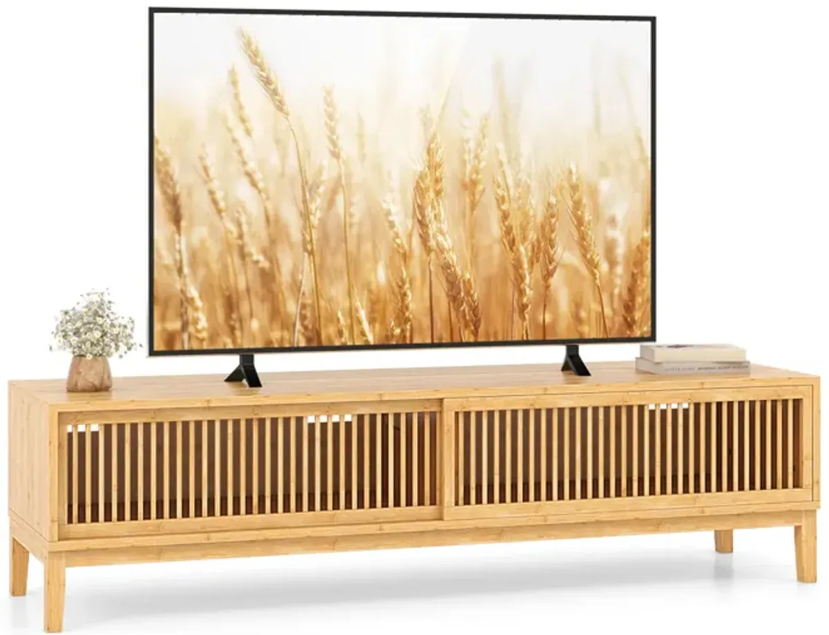 Wicker TV Stand for TVs up to 65 Inches with Sliding Slatted Doors-Natural