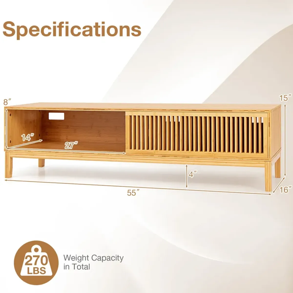 Wicker TV Stand for TVs up to 65 Inches with Sliding Slatted Doors-Natural