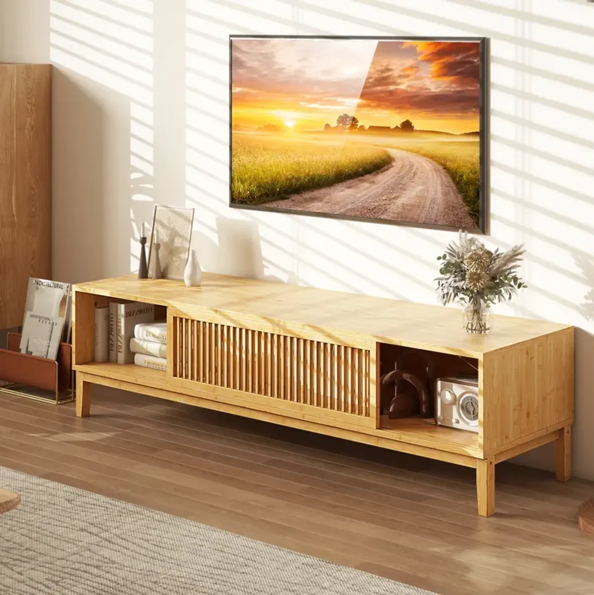 Wicker TV Stand for TVs up to 65 Inches with Sliding Slatted Doors-Natural