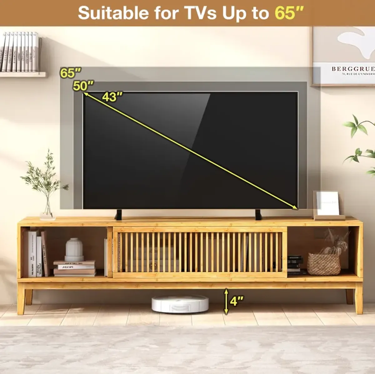 Wicker TV Stand for TVs up to 65 Inches with Sliding Slatted Doors-Natural