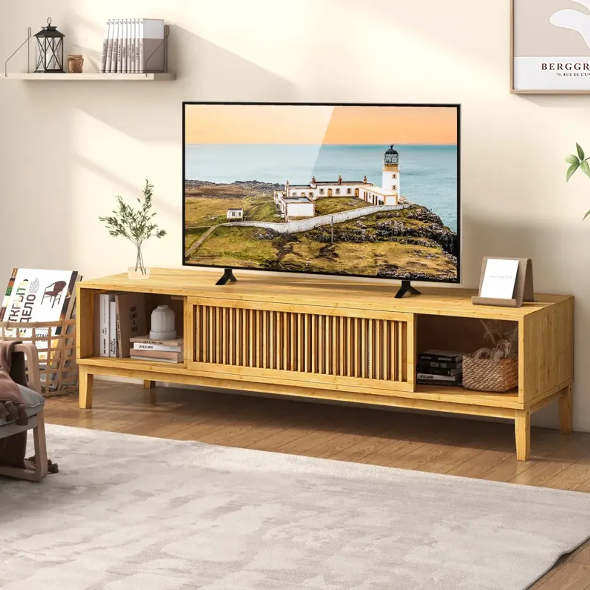 Wicker TV Stand for TVs up to 65 Inches with Sliding Slatted Doors-Natural