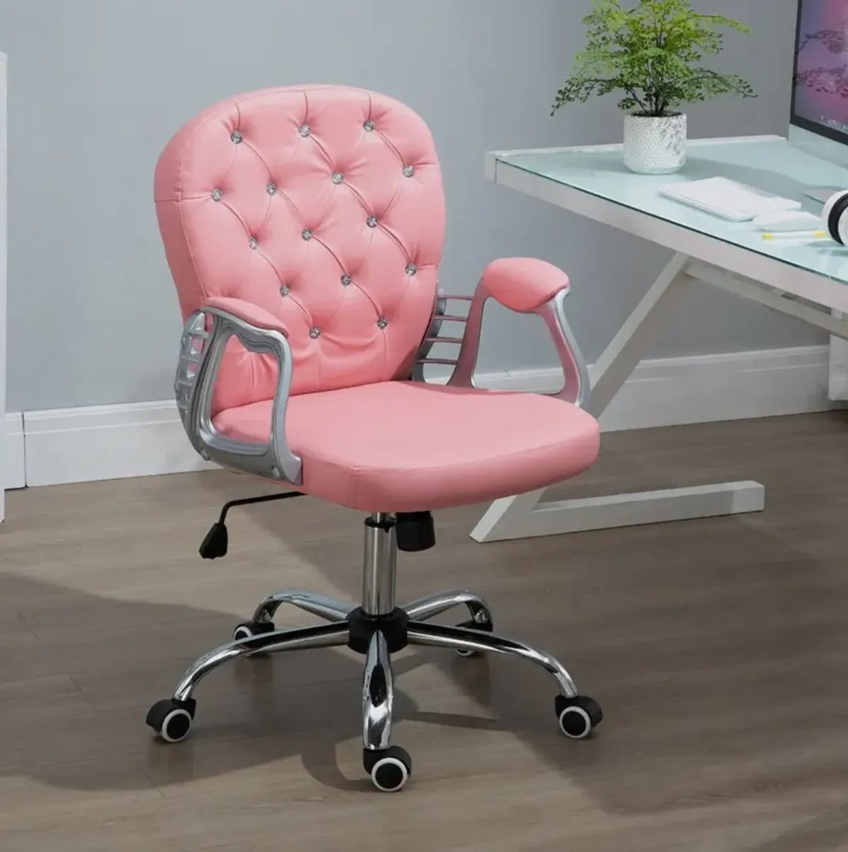 Pink Work Glamour: PU Leather Mid Back Tufted Swivel Task Chair