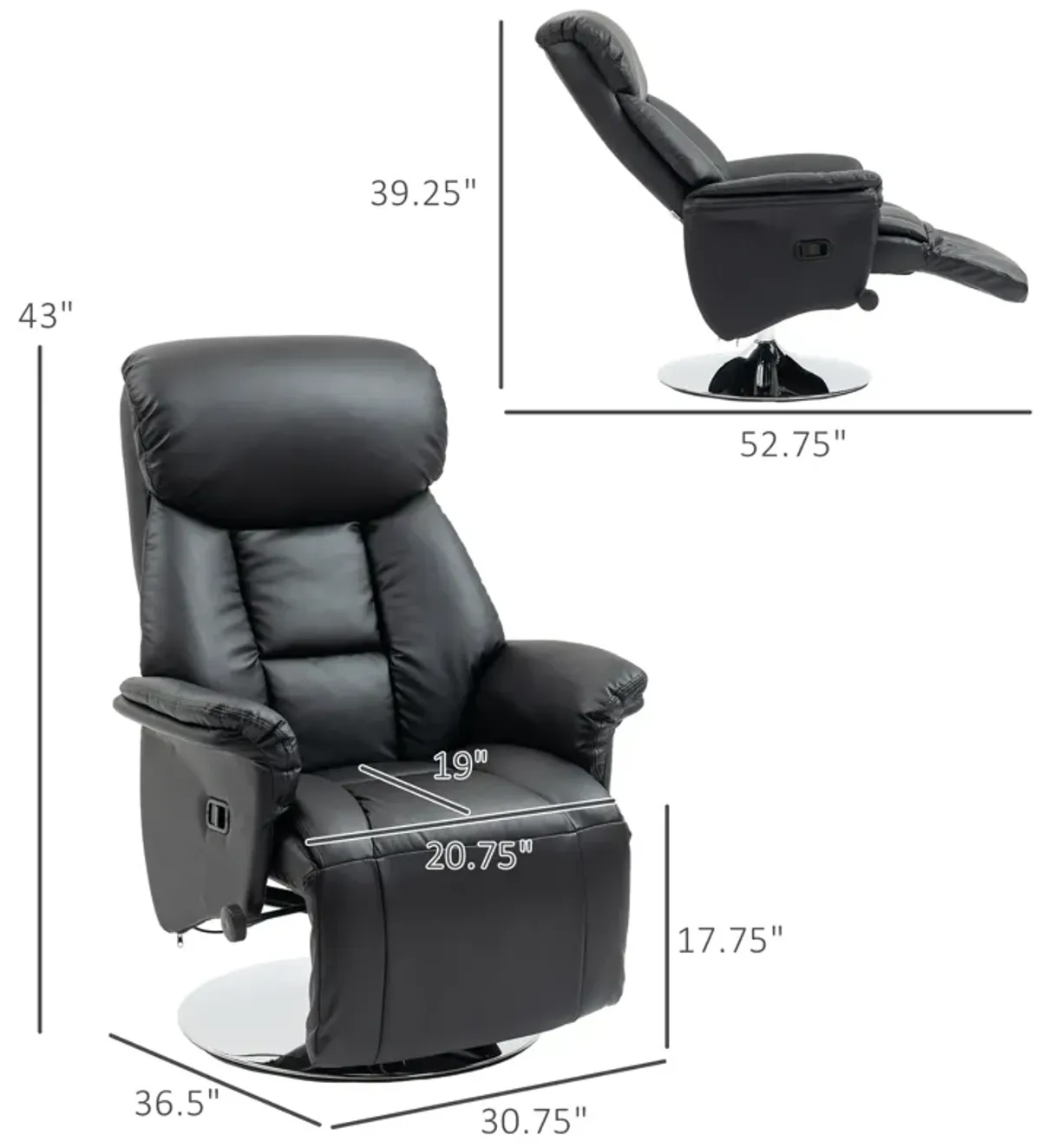 Black PU Leather Swivel Recliner: Footrest, Steel Base