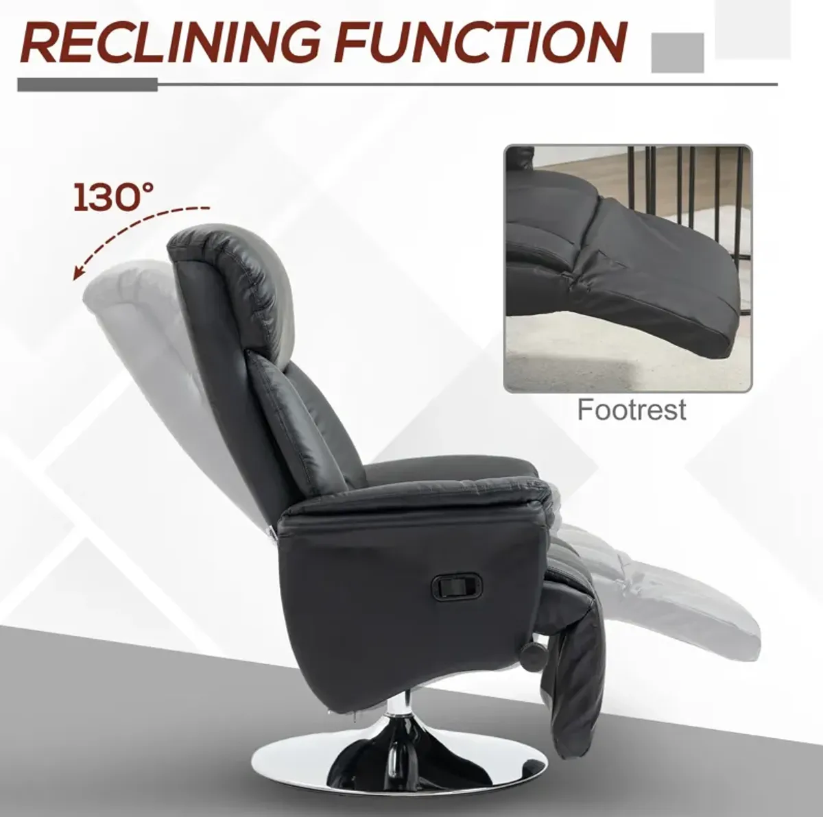 Black PU Leather Swivel Recliner: Footrest, Steel Base