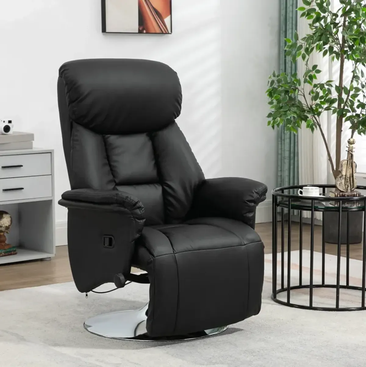 Black PU Leather Swivel Recliner: Footrest, Steel Base