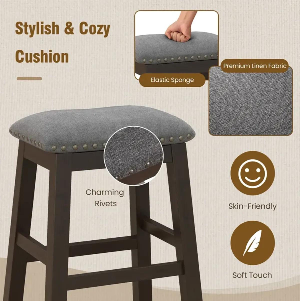 2 Piece 24.5 Inch Counter Height Bar Stool Set with Padded Seat-Gray