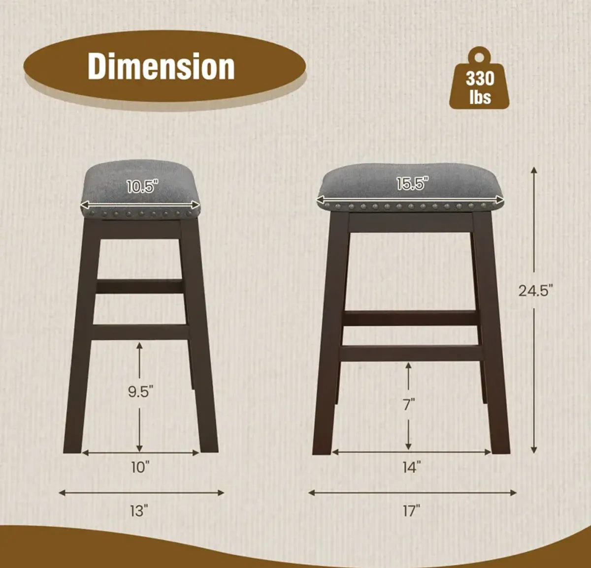 2 Piece 24.5 Inch Counter Height Bar Stool Set with Padded Seat-Gray