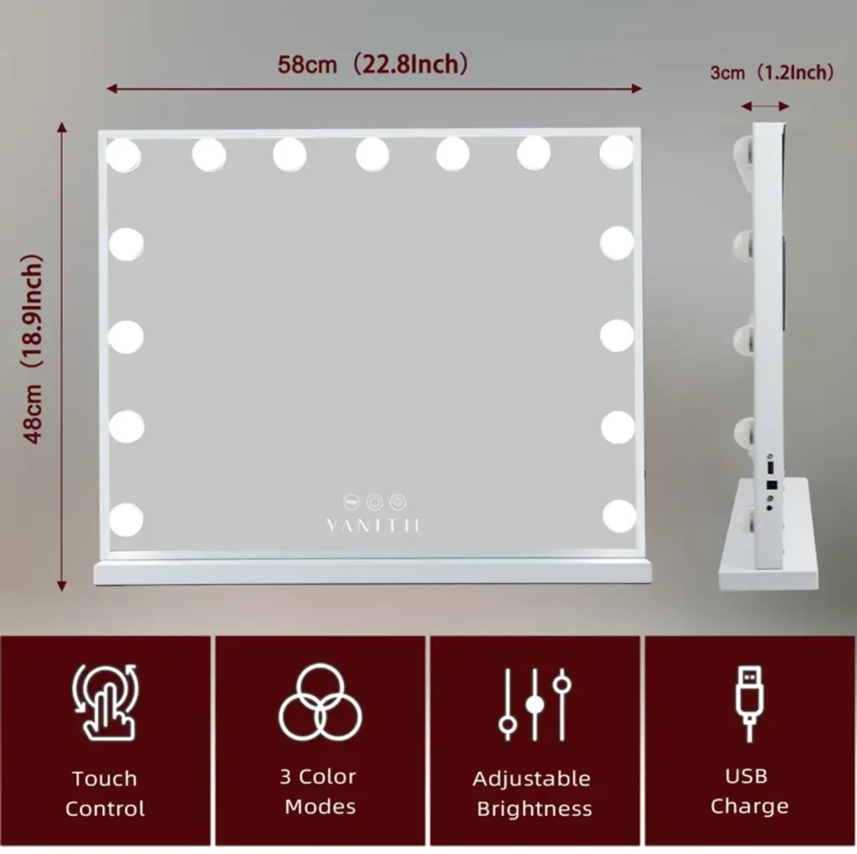 23''x19''  Hollywood Makeup Vanity Mirror 15 LED Bulbs USB Port White