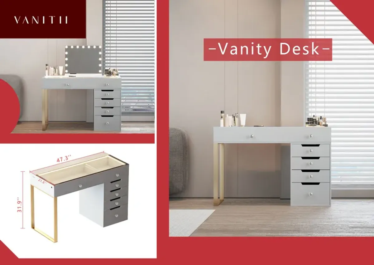 VANITII 6 Drawers Modern Makeup Vanity Desk Dressers With Glass(Installation not included)