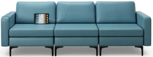 Hivvago Convertible Leather Sofa Couch with Magazine Pockets 3-Seat with 2 USB Port