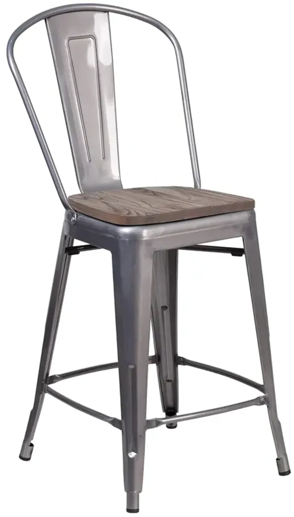 Flash Furniture 24" High Clear Coated Counter Height Stool with Back and Wood Seat