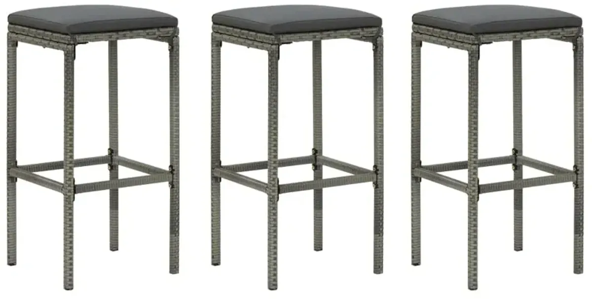 vidaXL Bar Stools with Cushions 3 pcs Gray Poly Rattan