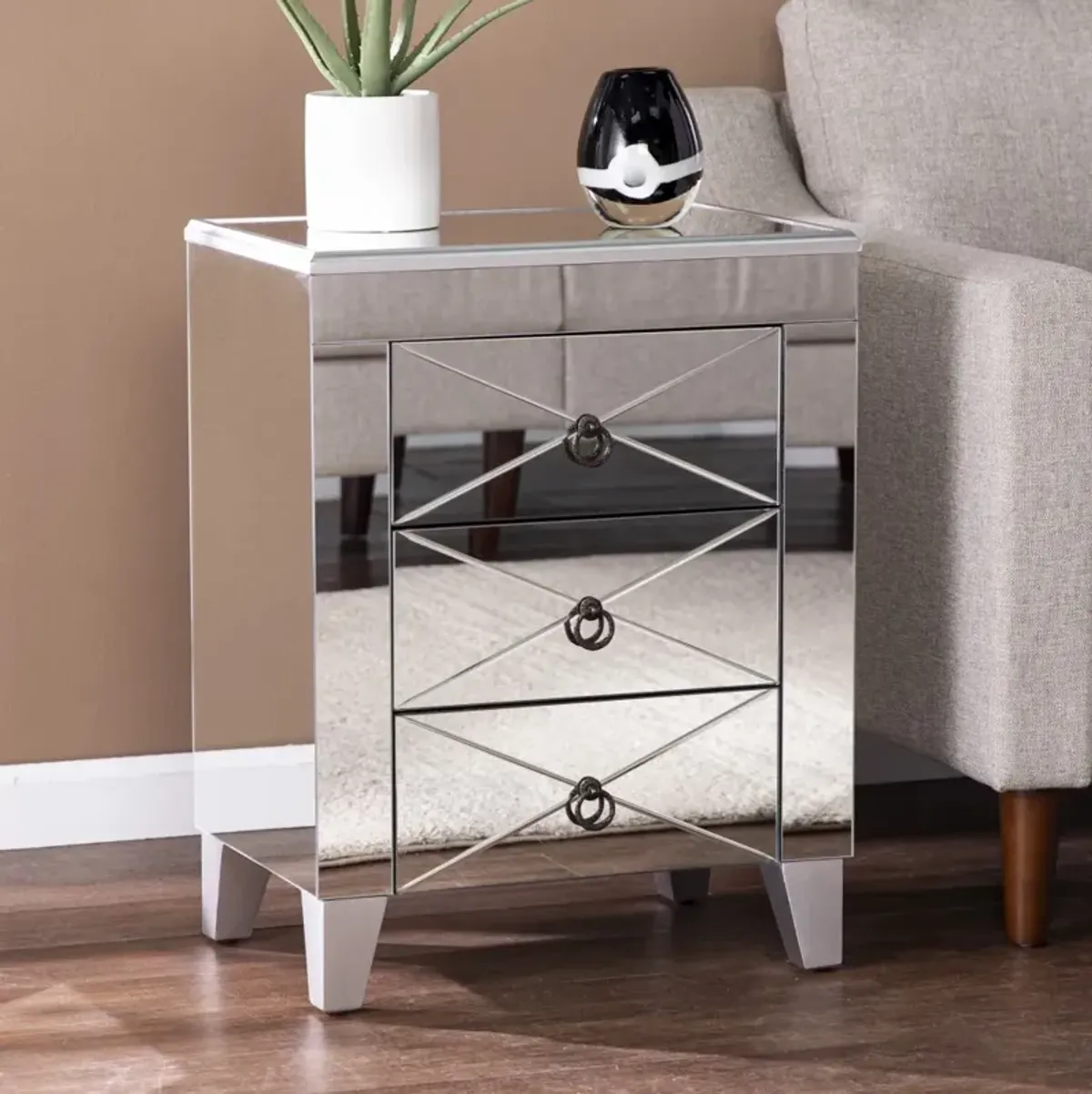 26"" Silver Manufactured Wood And Iron Rectangular Mirrored End Table With Three Drawers And
