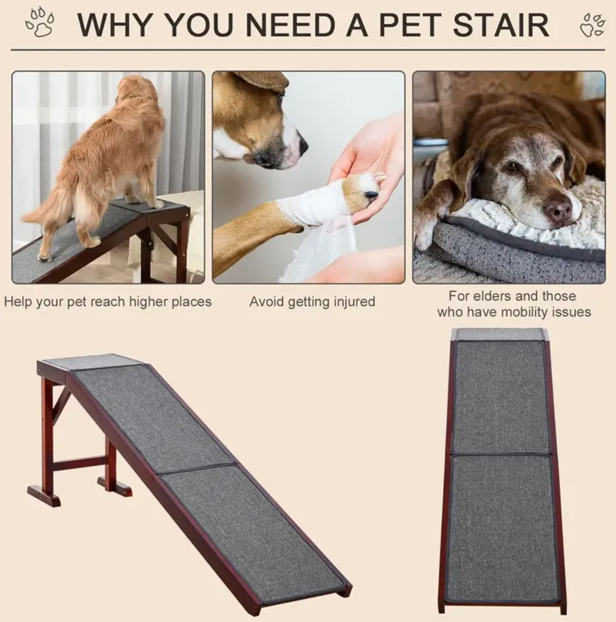 Brown Pet Accessibility: 74" Wooden Dog Ramp for Bed