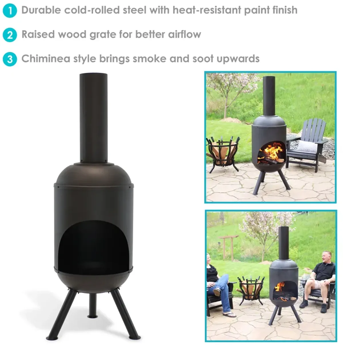 Sunnydaze 5 ft Steel Wood Burning Outdoor Chiminea Fire Pit with Wood Grate