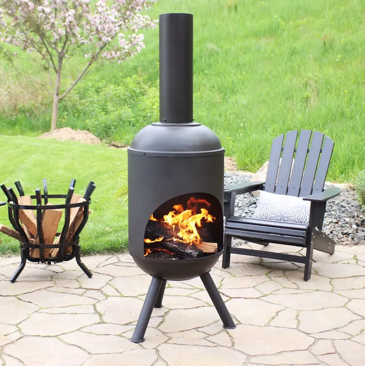 Sunnydaze 5 ft Steel Wood Burning Outdoor Chiminea Fire Pit with Wood Grate