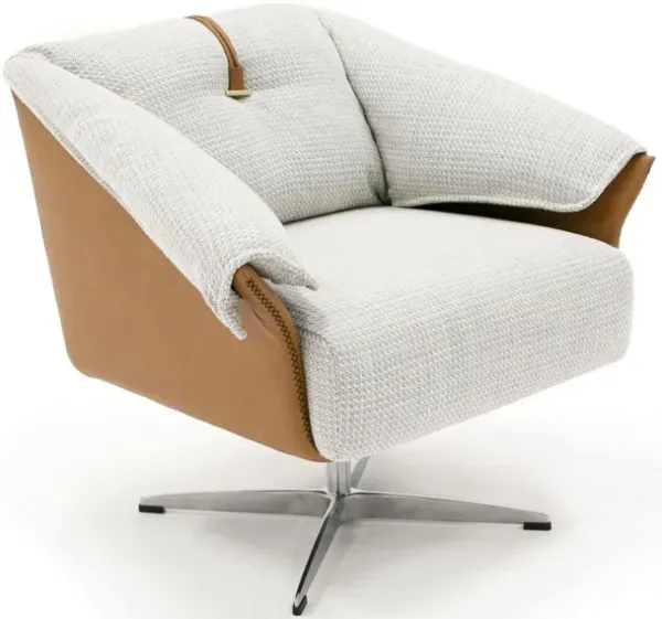 31 Inch Swivel Accent Chair, Padded Cushions, Faux Leather, Gray, Caramel