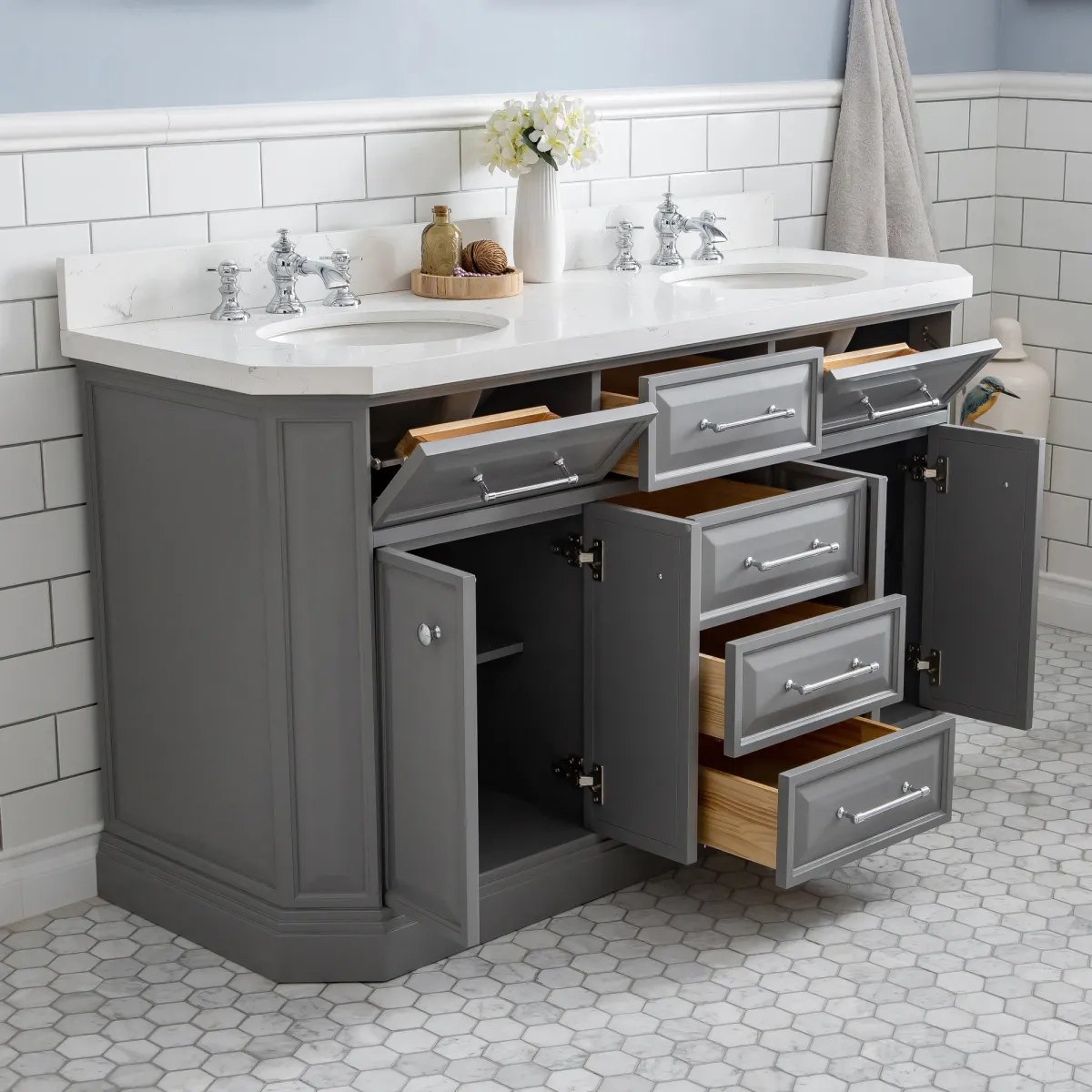 Palace 60 In. Double Sink Carrara Quartz Countertop Bath Vanity in Cashmere Grey with Chrome Hardware, Waterfall Faucets and Rectangular Pivot Mirrors