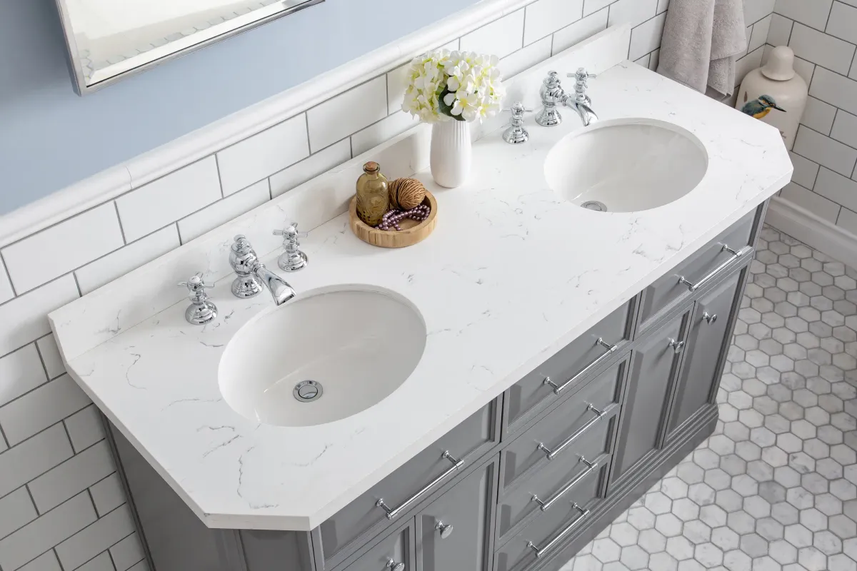 Palace 60 In. Double Sink Carrara Quartz Countertop Bath Vanity in Cashmere Grey with Chrome Hardware, Waterfall Faucets and Rectangular Pivot Mirrors