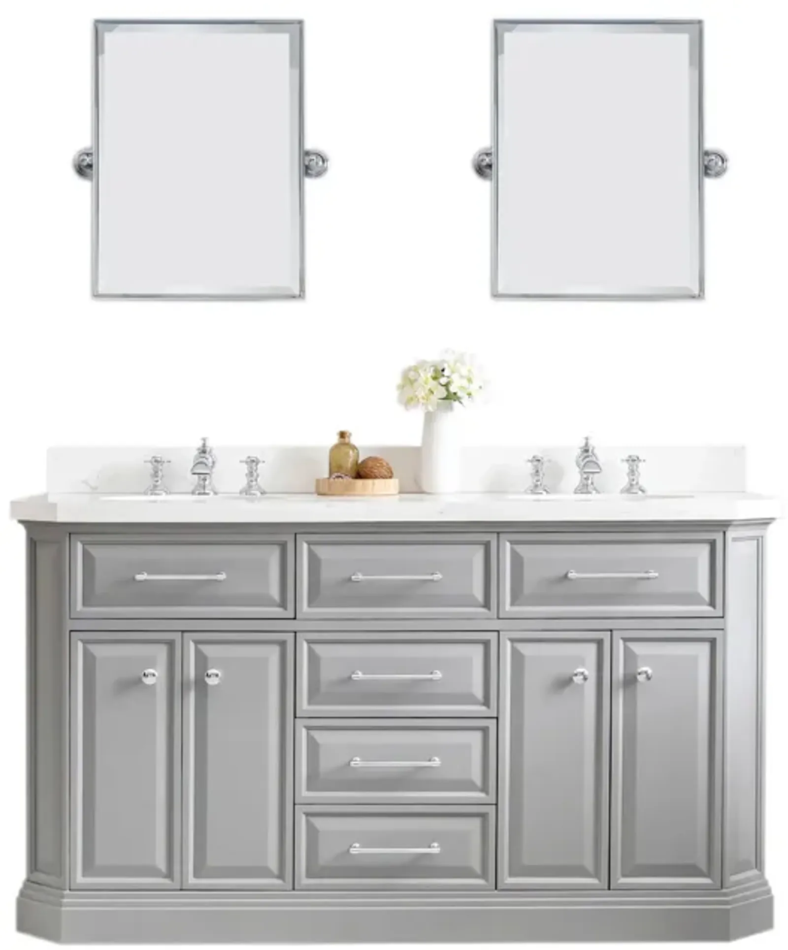 Palace 60 In. Double Sink Carrara Quartz Countertop Bath Vanity in Cashmere Grey with Chrome Hardware, Waterfall Faucets and Rectangular Pivot Mirrors