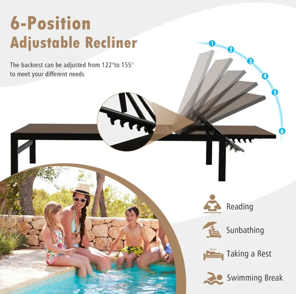 6-Position Chaise Lounge Chairs with Rustproof Aluminium Frame