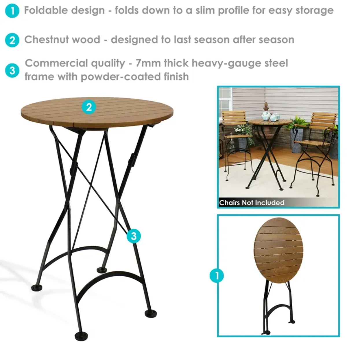 Sunnydaze 28 in European Chestnut Round Folding Patio Bar-Height Table