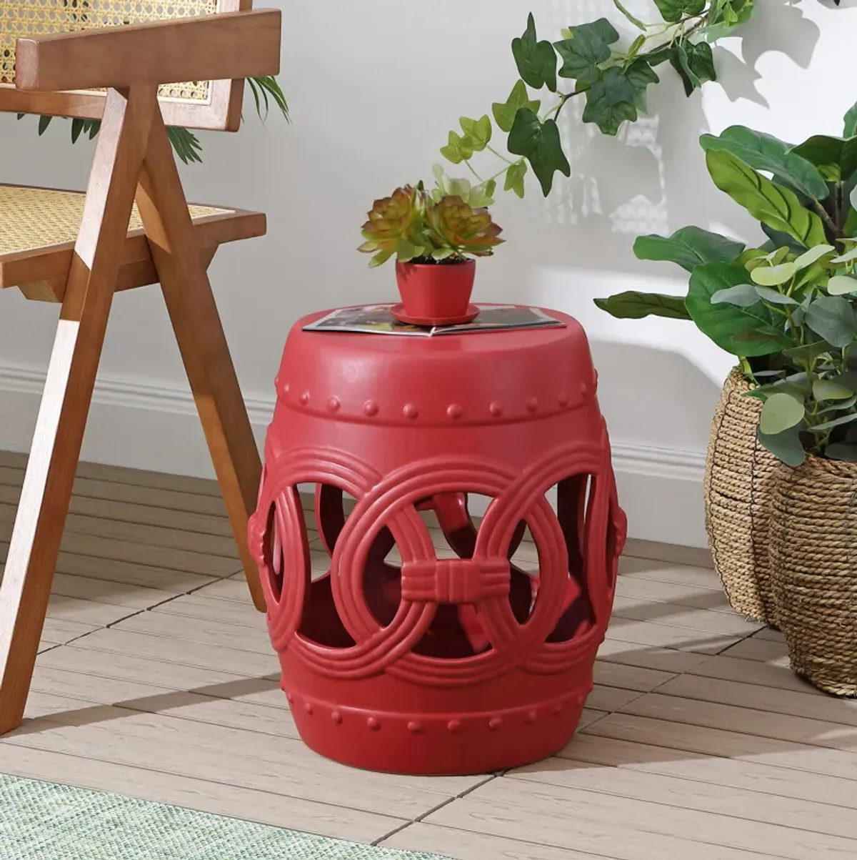 Lucky Coins 16" Chinese Ceramic Drum Garden Stool, Matte Coral