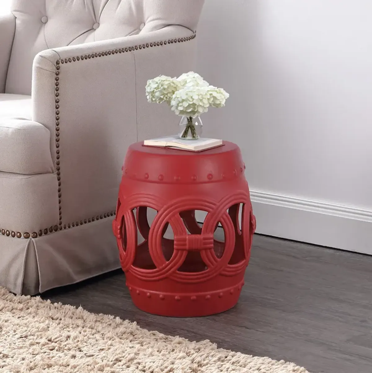 Lucky Coins 16" Chinese Ceramic Drum Garden Stool, Matte Coral