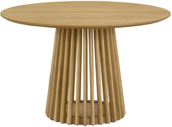 Dyan Dining Table, 47 Inch Round Top, Slatted Slant Base, Natural Oak Brown - Benzara