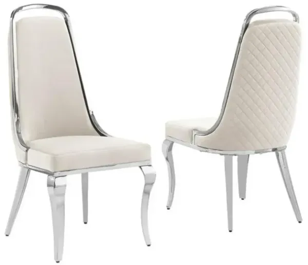 Best Quality Furniture Cream Velvet High Back Chair With Silver Chrome Trim, Set Of 2