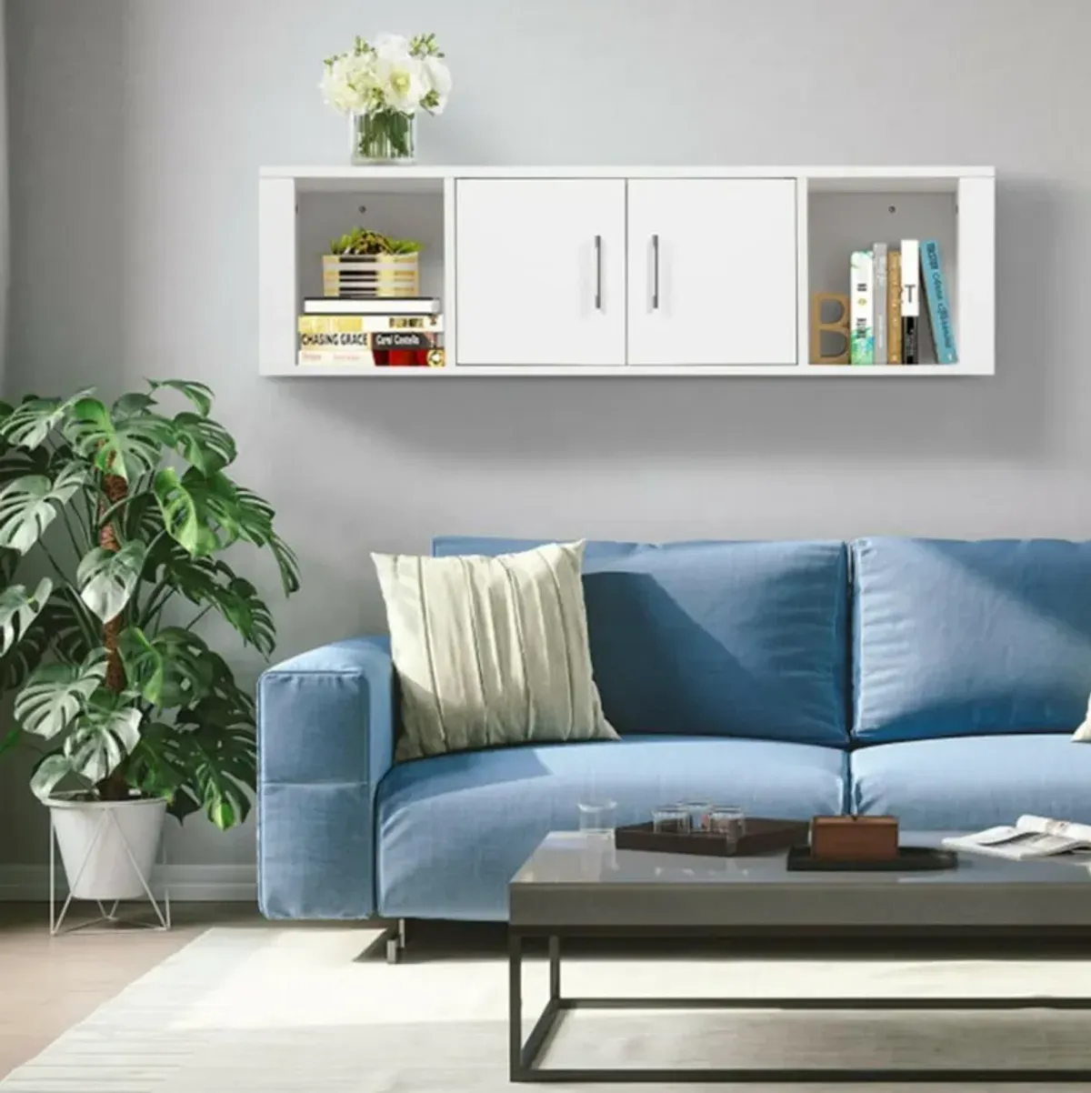 Hivvago Wall Mounted Floating 2 Door Desk Hutch Storage Shelves for Kitchen and Living