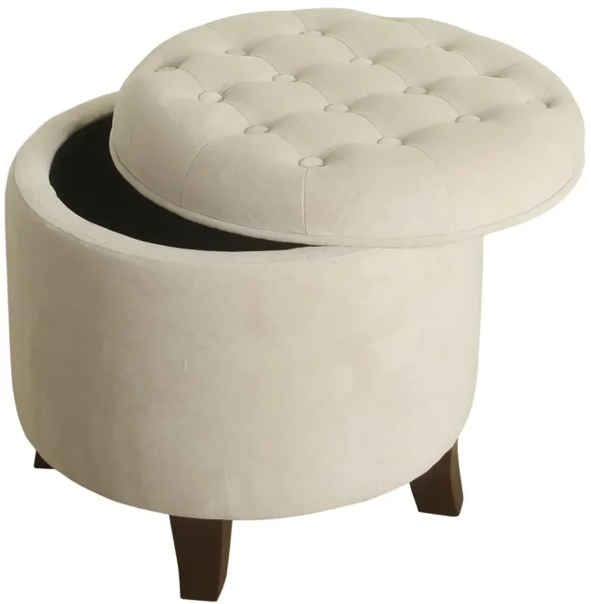 Button Tufted Velvet Upholstered Wooden Ottoman with Hidden Storage, Cream and Brown - Benzara