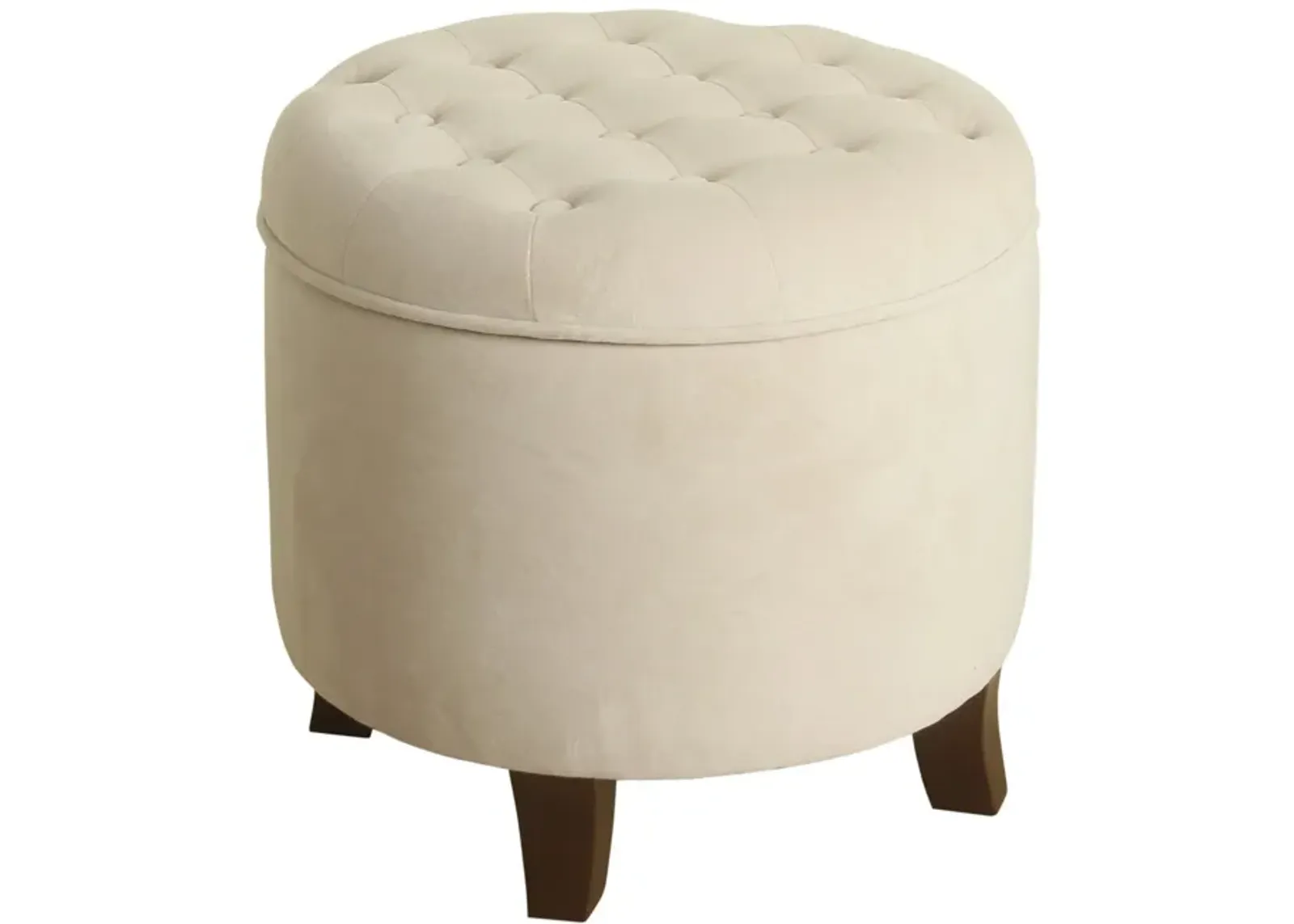 Button Tufted Velvet Upholstered Wooden Ottoman with Hidden Storage, Cream and Brown - Benzara