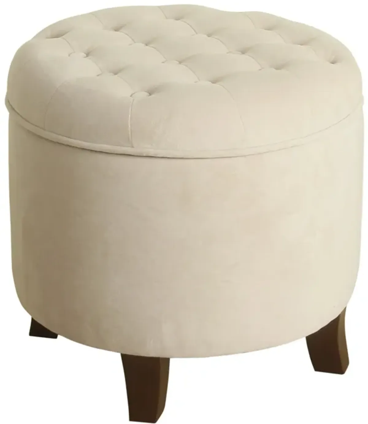 Button Tufted Velvet Upholstered Wooden Ottoman with Hidden Storage, Cream and Brown - Benzara