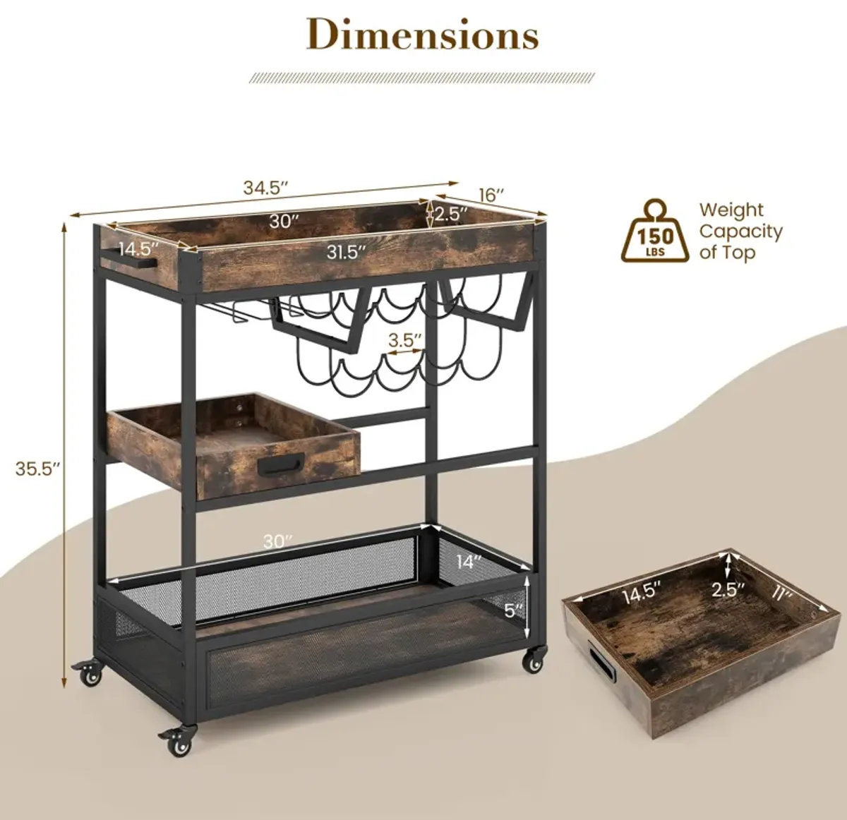 3-Tier Industrial Buffet Serving Cart with Wine Rack