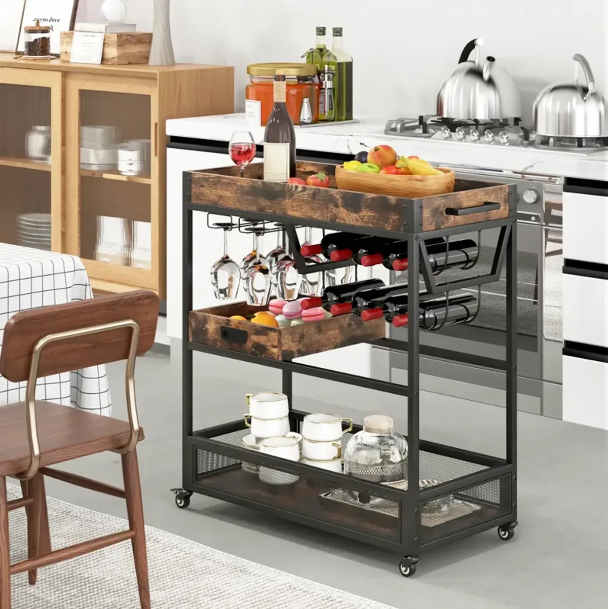 3-Tier Industrial Buffet Serving Cart with Wine Rack