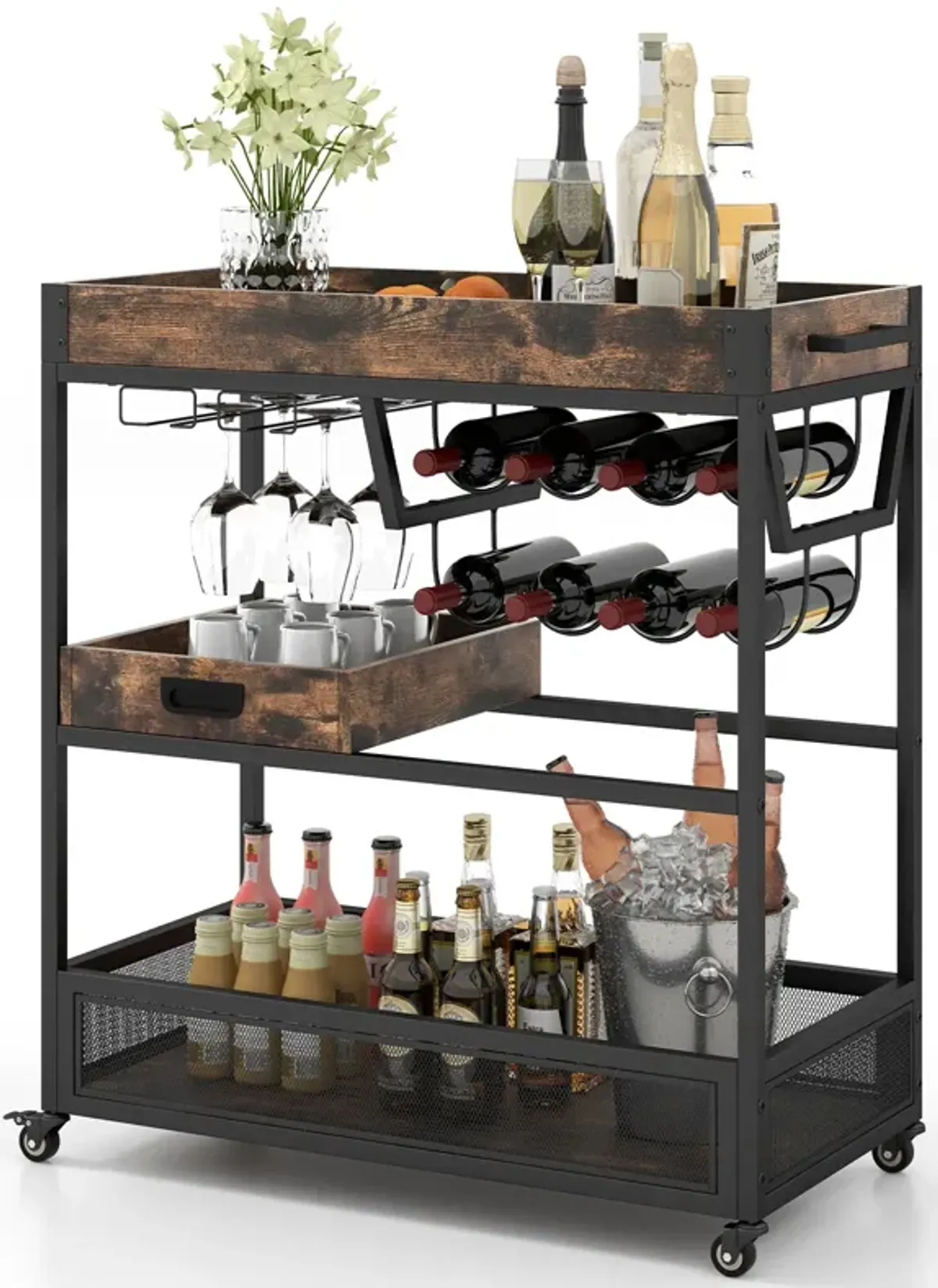 3-Tier Industrial Buffet Serving Cart with Wine Rack