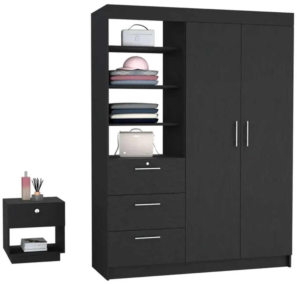 Peyton 2 Piece Bedroom Set, Armoire + Nightstand, Black