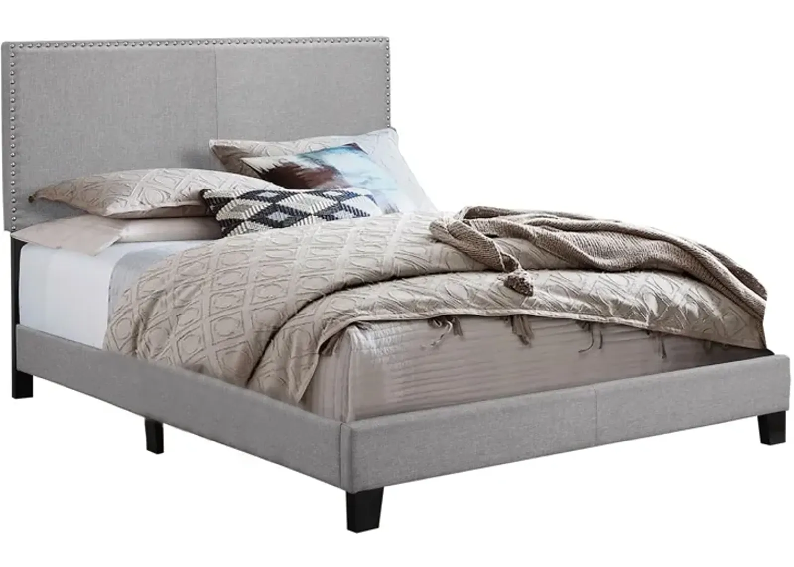 Shirin Twin Size Bed, Wood, Nailhead Trim, Upholstered Headboard, Gray - Benzara