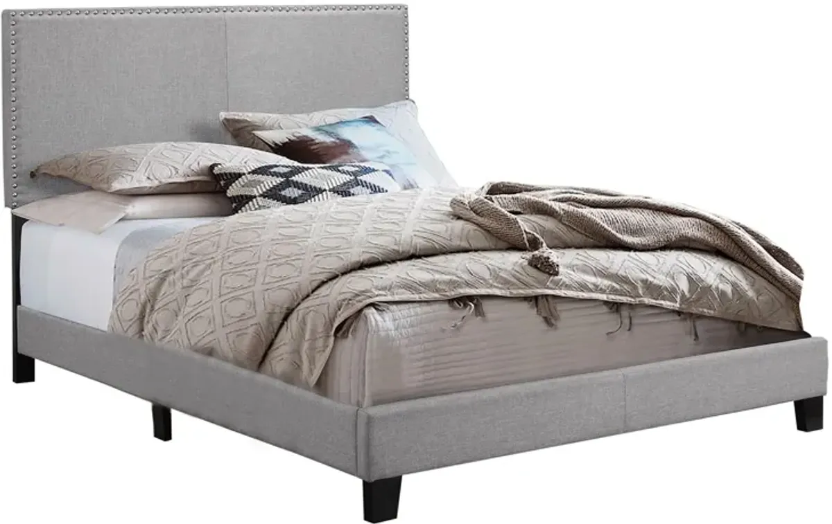 Shirin Twin Size Bed, Wood, Nailhead Trim, Upholstered Headboard, Gray - Benzara