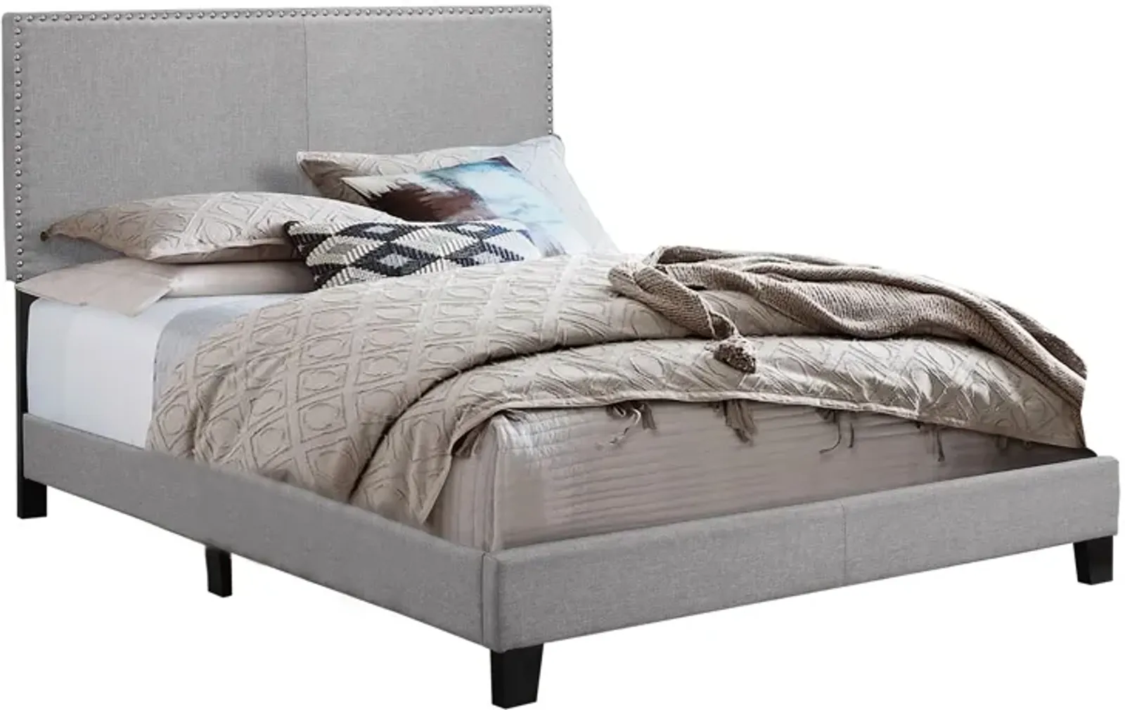 Shirin Twin Size Bed, Wood, Nailhead Trim, Upholstered Headboard, Gray - Benzara